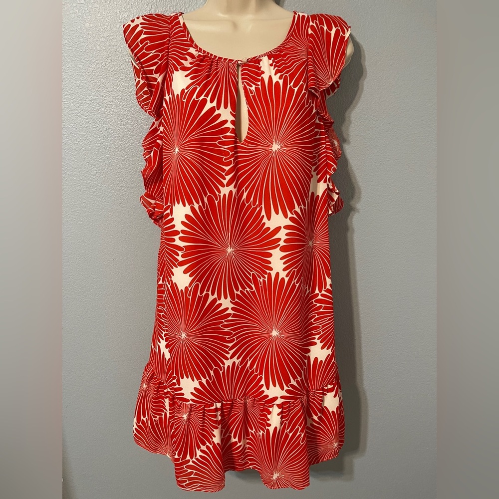 J Crew Red White Floral Shift Dress Ruffle Sleeve Midi Resort Coastal Small